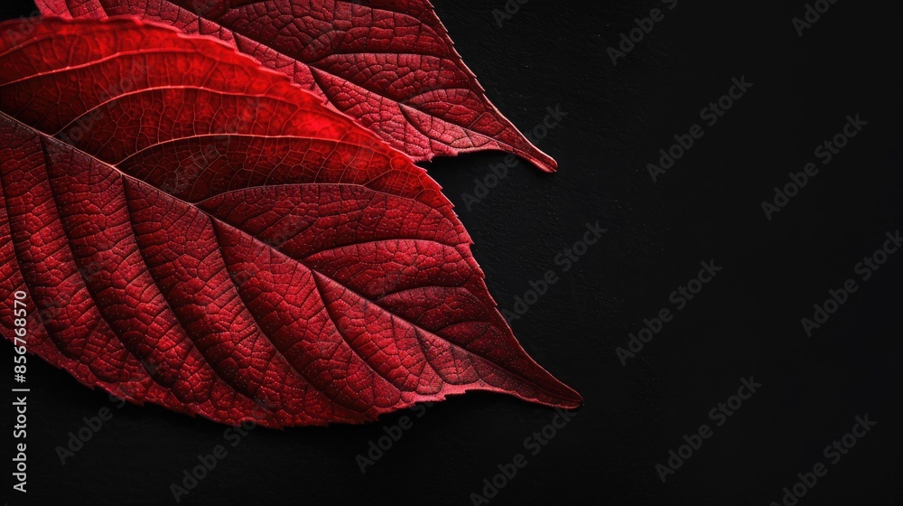 Sticker red tree leaf close up in garden with black background and text space