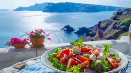 Enjoy a traditional Greek salad while taking in the breathtaking sea view of Santorini island. Experience Greek cuisine at its finest during your travel adventure