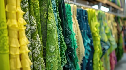 A vibrant display of colorful green fabrics in a textile store, showcasing a variety of patterns and textures during daylight.