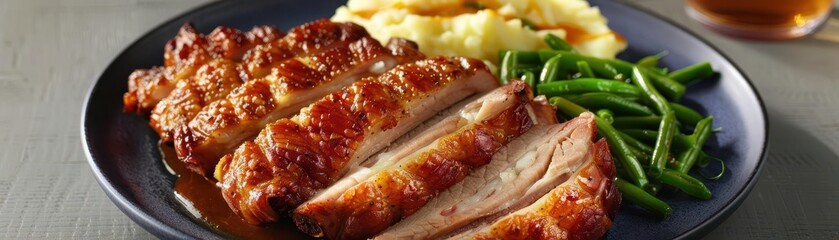 Close up of roasted duck breast served with mashed potatoes and green beans on a black plate.