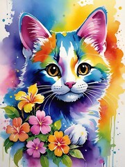 Cat and flowers in multiple colors.
