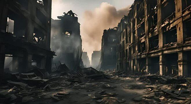 ruins of a big city after a catastrophe, covered with fire and smoke. post-apocalyptic theme