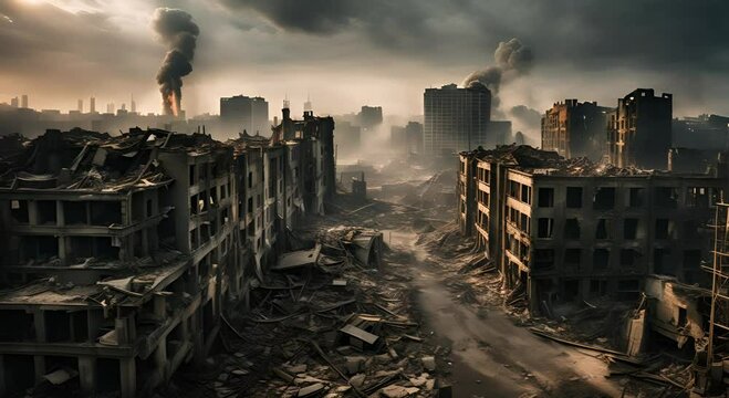 ruins of a big city after a catastrophe, covered with fire and smoke. post-apocalyptic theme