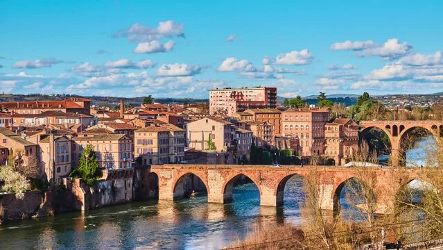 Old Bridge and Bridge of August 22, 1944 across Tarn river in Albi. Albi is a commune in southern France in 85 km northeast of Toulouse. Right bank of Tarn