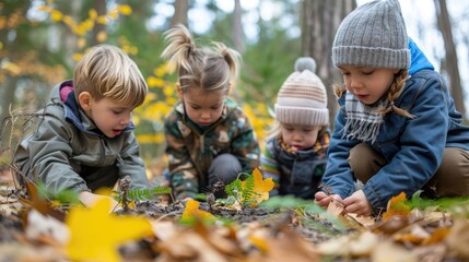 Children playing in autumn forest, exploring nature and collecting leaves, engaging in outdoor activities.