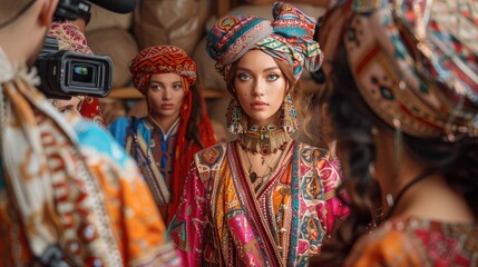 Fototapeta premium Colorful cultural portrait of people in vibrant traditional attire and elaborate headwear, focusing on detailed craftsmanship.
