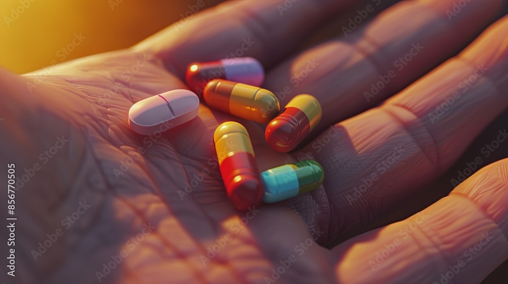 Leinwandbilder A close-up shot of a hand holding several colorful pills, the background softly blurred to create an intimate and caring atmosphere. Generative AI