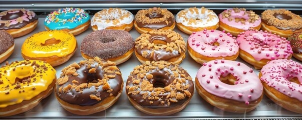 Assortment of fresh glazed donuts with various toppings.
