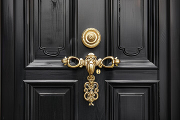 An exquisite black door featuring an opulent gold door handle, a masterpiece of design and craftsmanship that adds a touch of luxury and refinement to any entranceway.