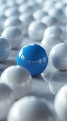 Naklejka premium Blue sphere standing out among white spheres representing individuality and uniqueness