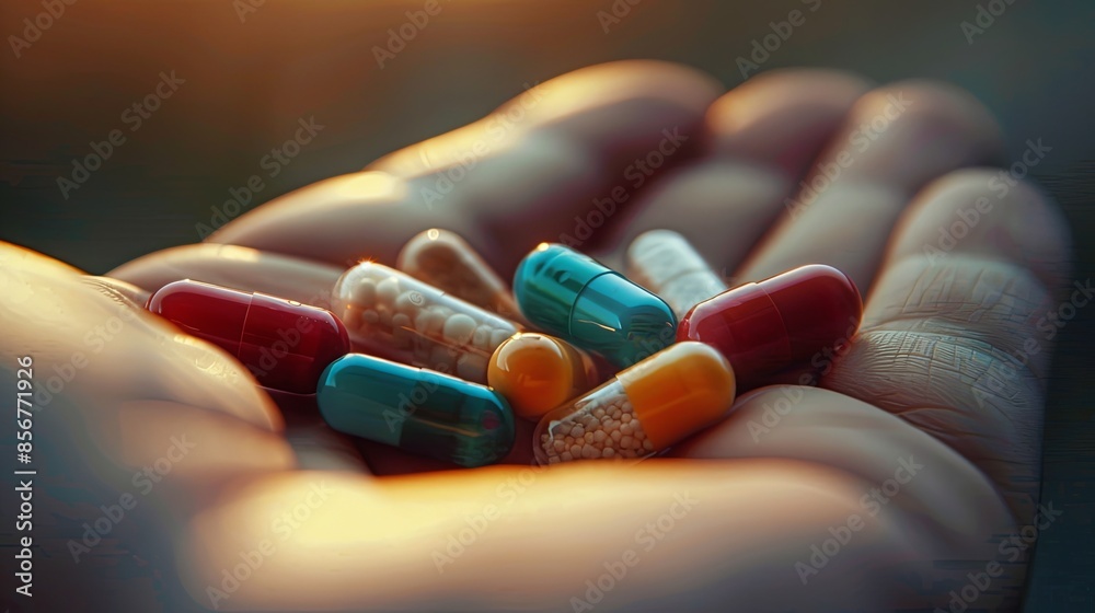 Poster an open palm gently holds various colorful pills, the background blurred for a soft, intimate focus.