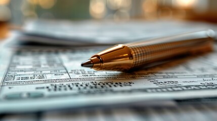 Golden Pen on a Form, a Close-Up View