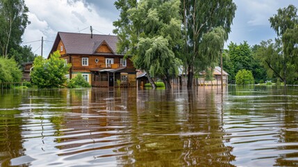 Obraz premium consequences of a flood in a small town or village. private houses and streets in water after a dam break or rainstorms