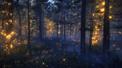 Enchanted Forest at Night with Glowing Fireflies