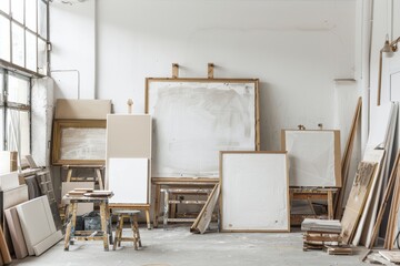 blank empty canvas frames at artist's loft studio interior or workshop mock up 