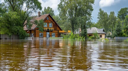 Fototapeta premium consequences of a flood in a small town or village. private houses and streets in water after a dam break or rainstorms