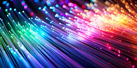 Abstract fiber optic technology lights in vibrant colors in blue, pink, and purple. Futuristic and high-tech background.