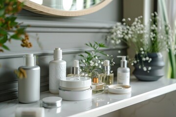 variety of natural cosmetic products near mirror at store. skincare routine incorporating bakuchiol cream 