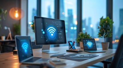 A computer desk with a monitor, laptop, and two cell phones