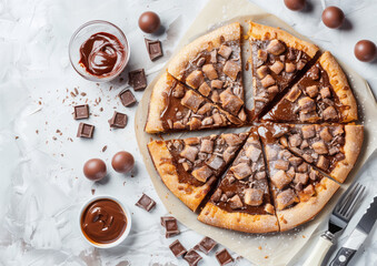 Flat lay of Sweet Brazilian pizza with a lot of chocolate on the white table