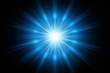 Blue sunburst with radiant beams on a black background, creating a dynamic abstract effect.