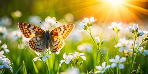 Butterfly perched on wild white violet flowers in a sunlit meadow, showcasing delicate wings and...