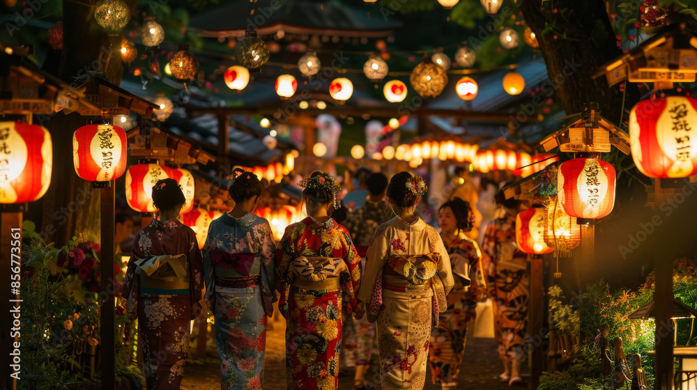 Wall mural japanese girls wearing traditional yukata, smiling, surrounded by colorful lanterns and lively stall