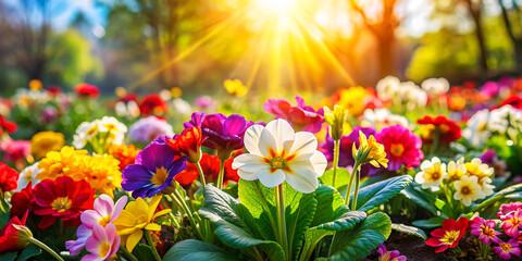 Colorful vibrant flowers blooming in a sunny spring or summer garden, with sunlight filtering through, creating a cheerful and lively outdoor scene.