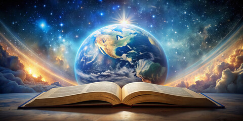 Open Bible with planet Earth in the background, surrounded by a vast, ethereal universe with glowing stars and cosmic clouds.