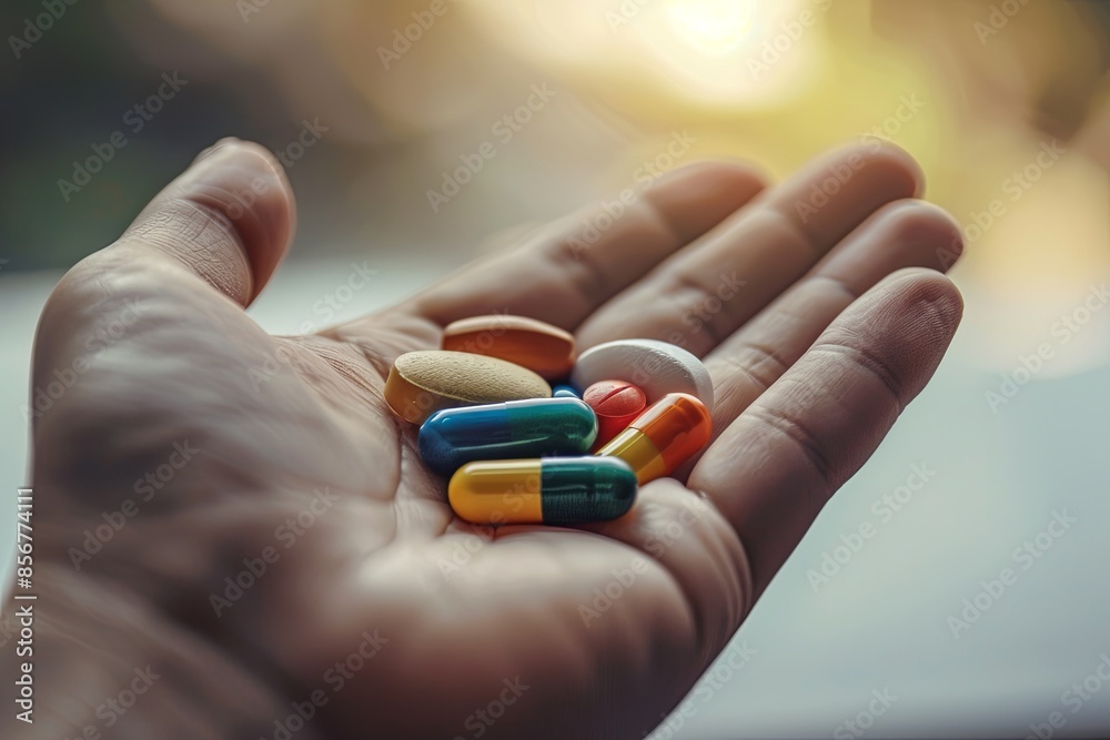 Aufkleber a close-up image of an open palm holding a variety of colorful pills. the background is blurred, cre