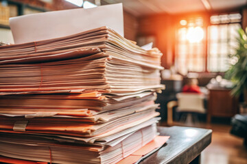 Stack of document papers tied with red string on an office desk. Warm sunlight in the background.