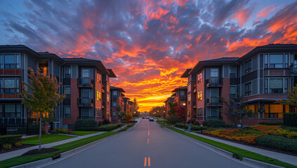 Fototapeta premium Apartment complex at sunset with colorful clouds and lit interiors, empty road leading to three-story buildings with blue accents, green grass in foreground
