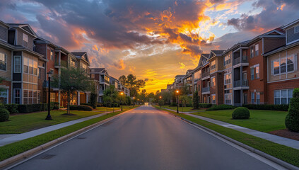 Fototapeta premium Apartment complex at sunset with colorful clouds and lit interiors, empty road leading to three-story buildings with blue accents, green grass in foreground