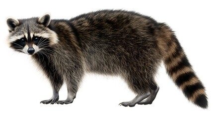 1. Create a detailed full-body illustration of a raccoon, highlighting its masked face and ringed tail against a transparent background. The image should be optimized for a white background,