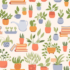 Potted plants, tools and books background. Seamless pattern. Design for wrapping paper,  fabric and textile. Vector illustration cozy home.