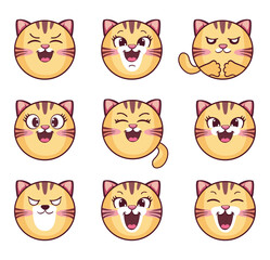 Big Set of icons with cat faces and different emotions. Cute kitten, kitty cat. Red striped funny kitten Kids Collection. Sticker printing. Flat design. White background. Vector