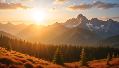 Obraz premium Isolated majestic mountain peaks in a sunset background with a forest in the foreground, bathed in warm golden light