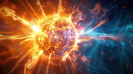Obraz premium 3D illustration of an orange and blue fireball with energy waves emanating from it