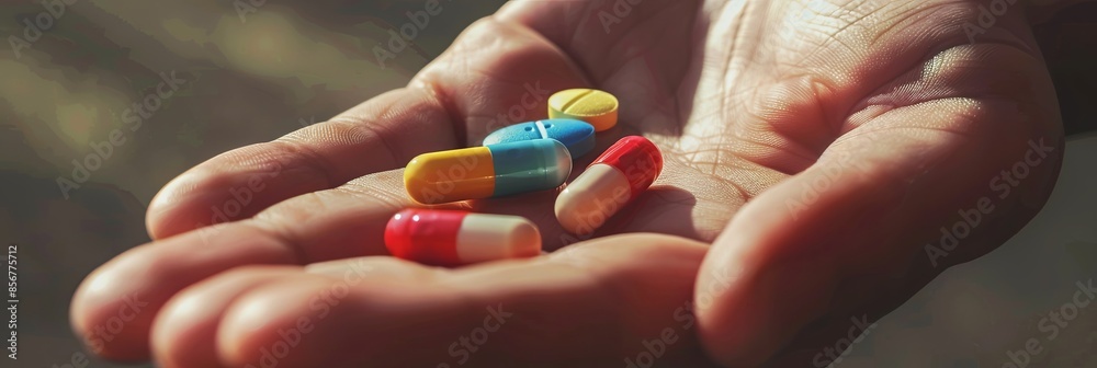 Leinwandbilder close-up of open palm holding colorful pills, with softly blurred background for intimate atmosphere
