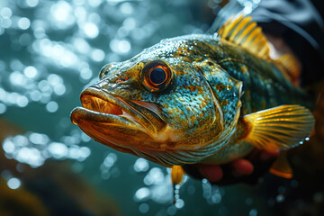 River sea fish close-up macro catch of a fisherman in the hands, a stormy river, a lake at sunset.