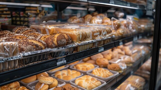 An assortment of freshly baked and delicious looking pastries breads and other baked goods displayed in a refrigerated showcase within a grocery store or supermarket