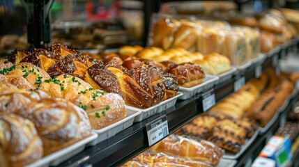 Mouthwatering display of an assortment of freshly baked pastries breads cakes and other irresistible bakery products showcased in the refrigerated section of a grocery store
