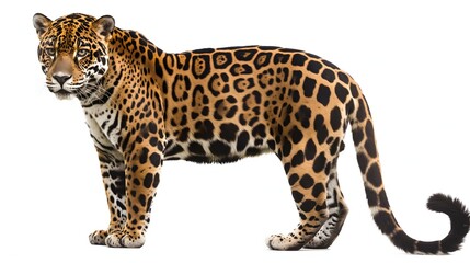 Obraz premium 2. Design an isolated image of a jaguar in its entirety, showcasing its sleek fur and impressive tail. The background should be transparent, allowing for seamless integration into various visual