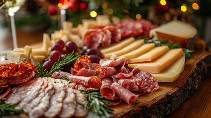 Close-up of charcuterie board with meats and cheeses on festive dinner table.