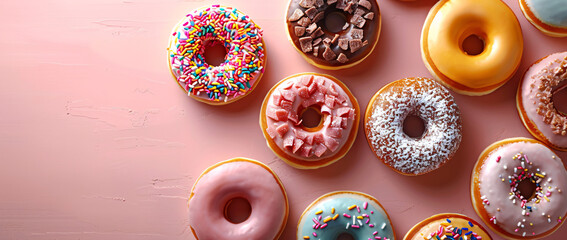 Sweet donuts with colorful glazes and toppings on a trendy pink background, perfect for celebrating National Donut Day and indulging in sugary treats.