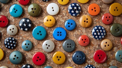 Obraz premium A close-up of a collection of colorful and patterned buttons arranged on a corkboard surface.
