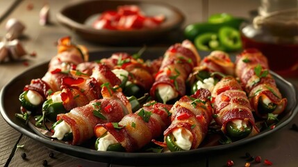 A platter of bacon-wrapped jalapeno poppers, cream cheese filling, vibrant colors, photorealistic, high detail, appetizing and spicy, perfect appetizer