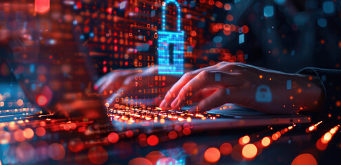 Closeup of hands typing on a laptop with a digital padlock icon floating above, surrounded by binary code and glowing lines representing data security in the style of virtual space.