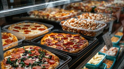 Variety of frozen pizzas in the display case of a supermarket freezer  Includes a selection of pepperoni cheese and vegetable toppings in different sizes and styles for a quick convenient meal option