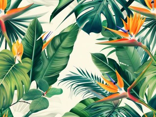 A vibrant illustration featuring a close-up of lush, green tropical leaves and vibrant orange bird-of-paradise flowers